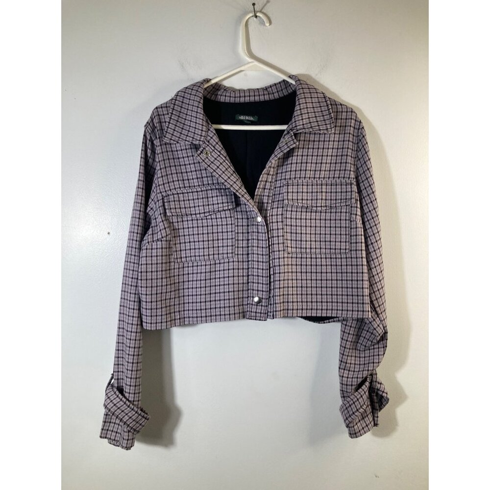 Womens Wild Fable Cropped Snap‎ Plaid Jacket Gray Black XL Poly Rayon